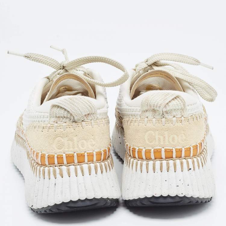 Pre Owned Chloe White/Brown Fabric and Suede Nama Low Top Sneakers Size 36