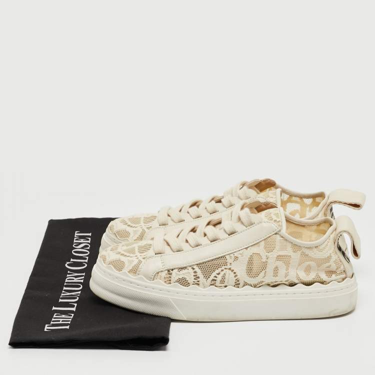 Pre Owned Chloe Cream Lace And Leather Lauren Lace Up Sneakers Size 36