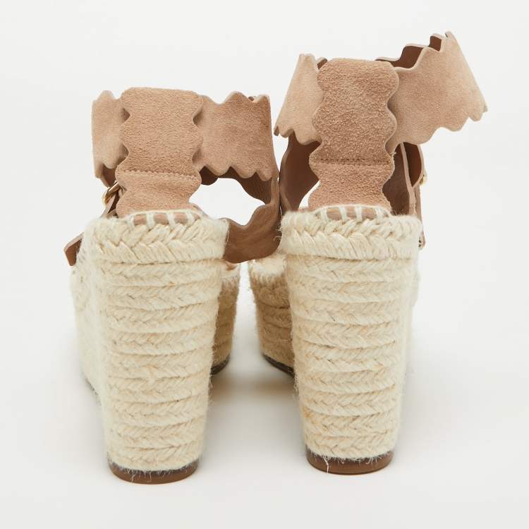 Pre Owned Chloe Beige Suede Lauren Scalloped Espadrille Wage Sandals Size 39