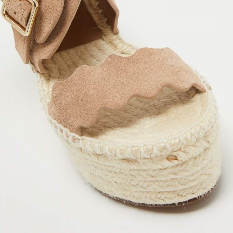 Pre Owned Chloe Beige Suede Lauren Scalloped Espadrille Wage Sandals Size 39