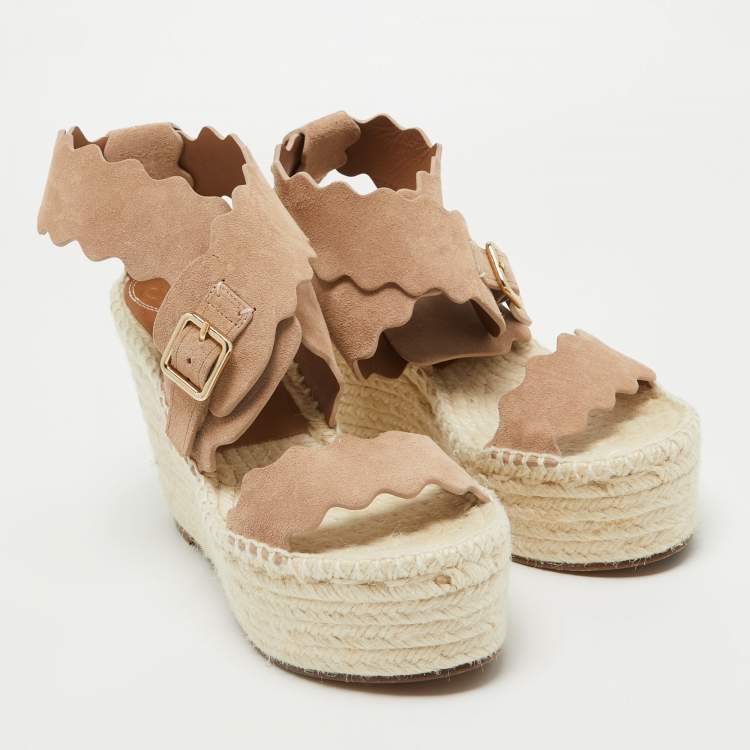 Pre Owned Chloe Beige Suede Lauren Scalloped Espadrille Wage Sandals Size 39