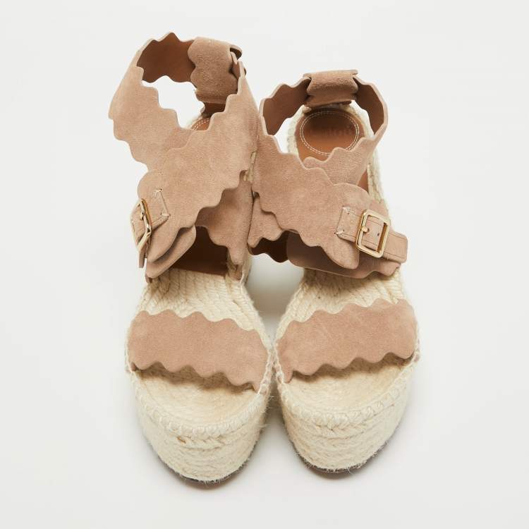 Pre Owned Chloe Beige Suede Lauren Scalloped Espadrille Wage Sandals Size 39