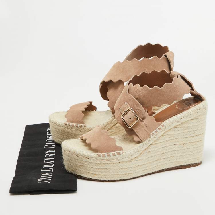 Pre Owned Chloe Beige Suede Lauren Scalloped Espadrille Wage Sandals Size 39