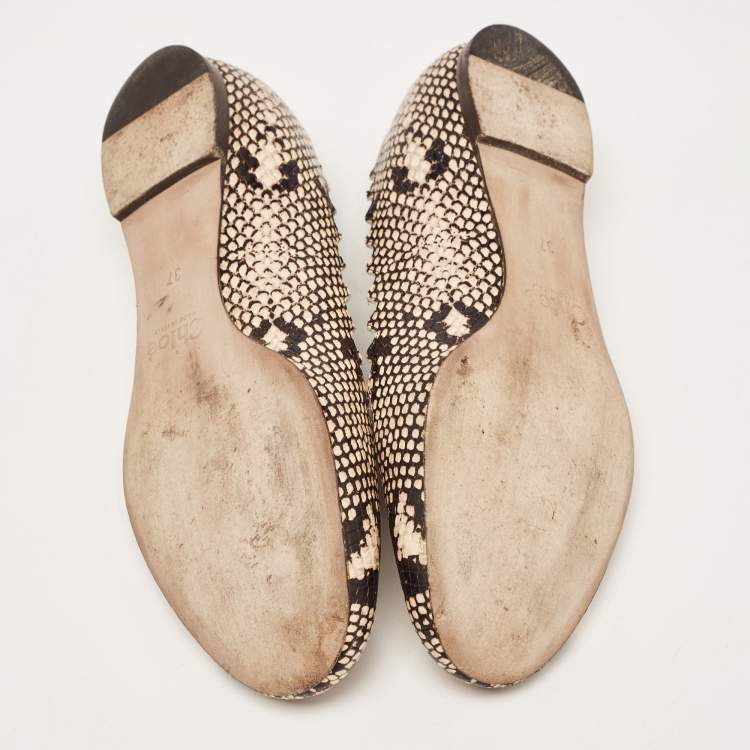 Pre Owned Chloe Two Tone Scalloped Embossed Python Lauren Ballet Flats Size 37