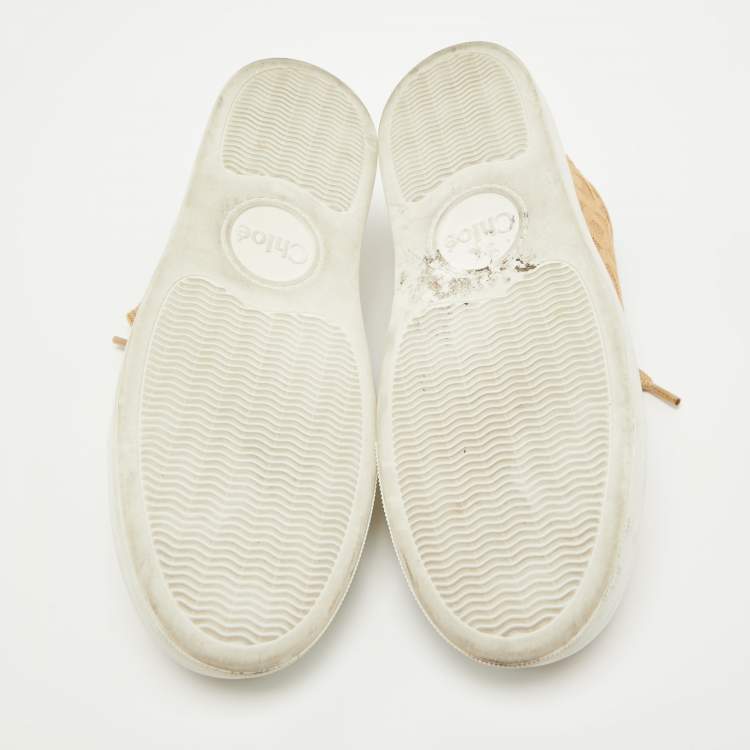 Pre Owned Chloe Beige Mesh and Leather Lauren Lace Up Sneakers Size 36