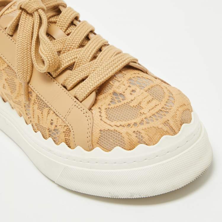 Pre Owned Chloe Beige Mesh and Leather Lauren Lace Up Sneakers Size 36