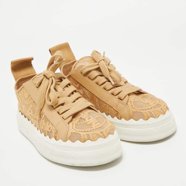Pre Owned Chloe Beige Mesh and Leather Lauren Lace Up Sneakers Size 36
