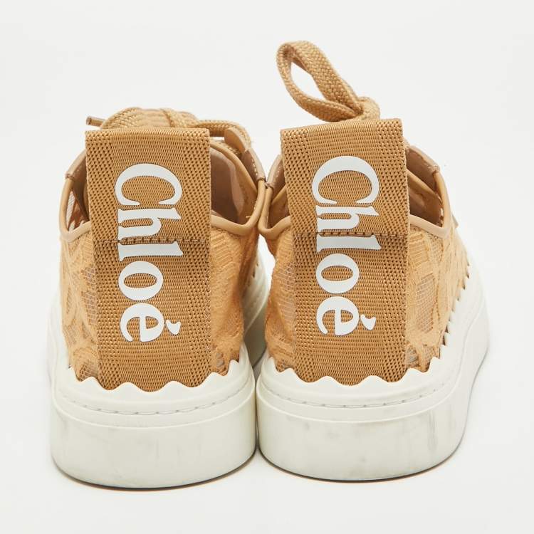 Pre Owned Chloe Beige Mesh and Leather Lauren Lace Up Sneakers Size 36