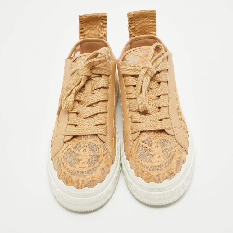 Pre Owned Chloe Beige Mesh and Leather Lauren Lace Up Sneakers Size 36