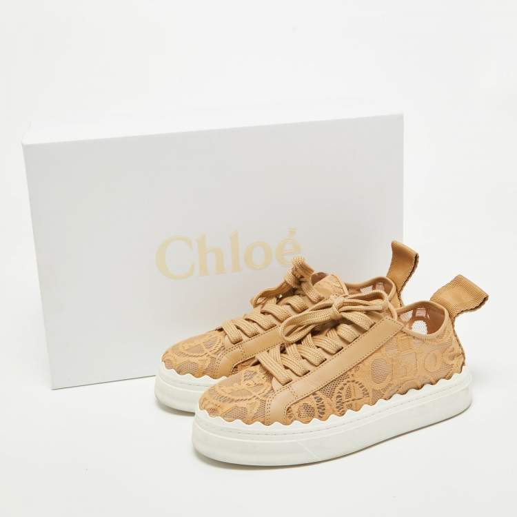 Pre Owned Chloe Beige Mesh and Leather Lauren Lace Up Sneakers Size 36