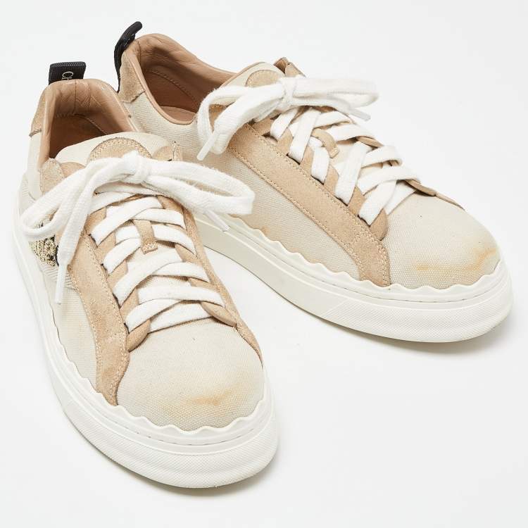 Pre Owned Chloé Beige Canvas and Suede Lauren Logo Embroidered Low Top Sneakers Size 39