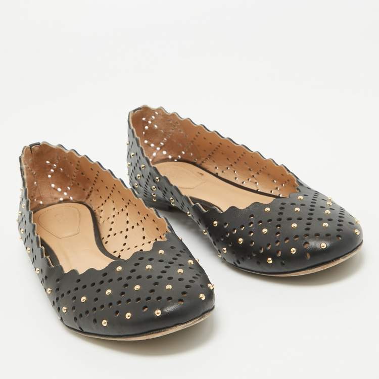 Pre Owned Chloe Black Studded Leather Round Toe Flat Ballet Flats Size 37