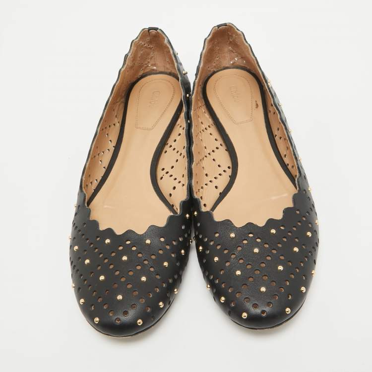 Pre Owned Chloe Black Studded Leather Round Toe Flat Ballet Flats Size 37