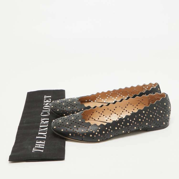 Pre Owned Chloe Black Studded Leather Round Toe Flat Ballet Flats Size 37