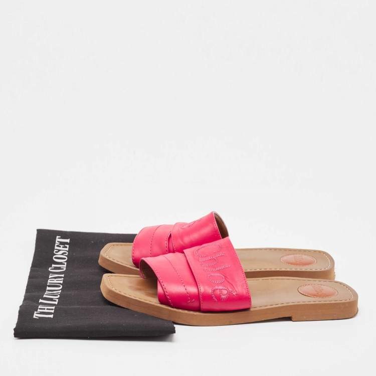Pre Owned Chloe Pink Leather Embroidered Logo Woody Flat Slides Size 39