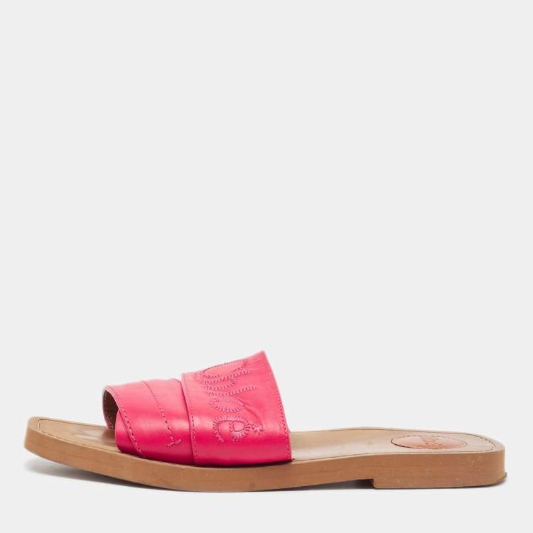 Chloe Pink Leather Embroidered Logo Woody Flat Slides Size 39