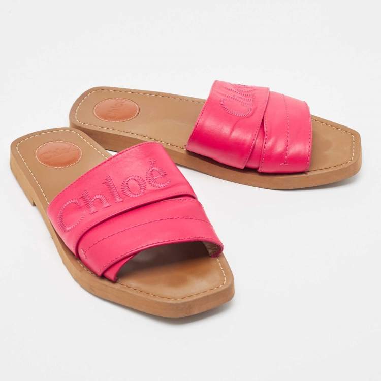 Pre Owned Chloe Pink Leather Embroidered Logo Woody Flat Slides Size 39