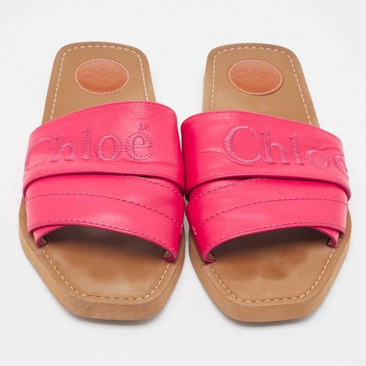 Pre Owned Chloe Pink Leather Embroidered Logo Woody Flat Slides Size 39