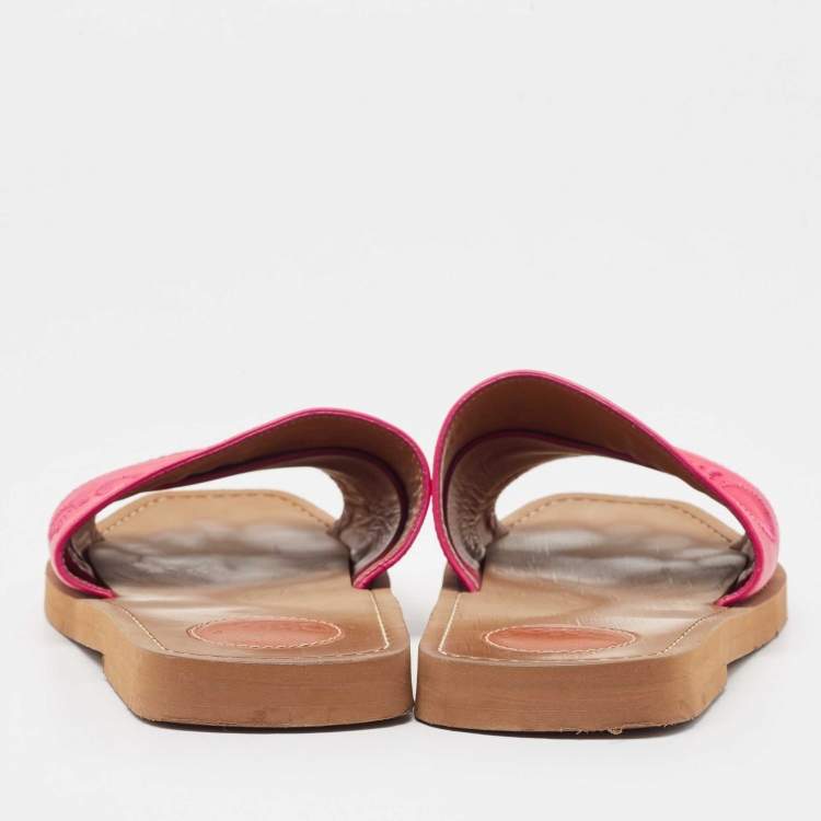 Pre Owned Chloe Pink Leather Embroidered Logo Woody Flat Slides Size 39