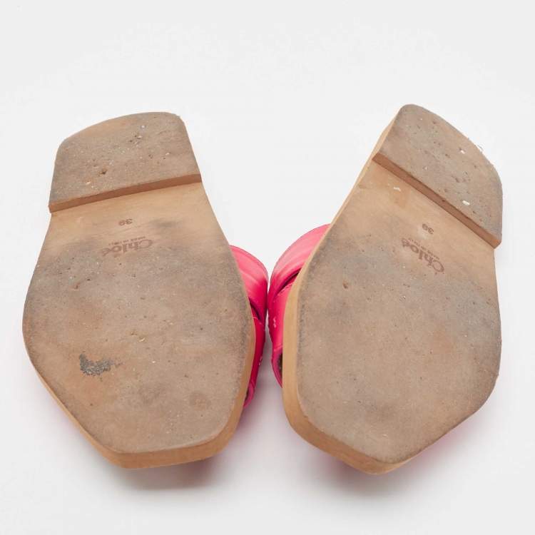 Pre Owned Chloe Pink Leather Embroidered Logo Woody Flat Slides Size 39