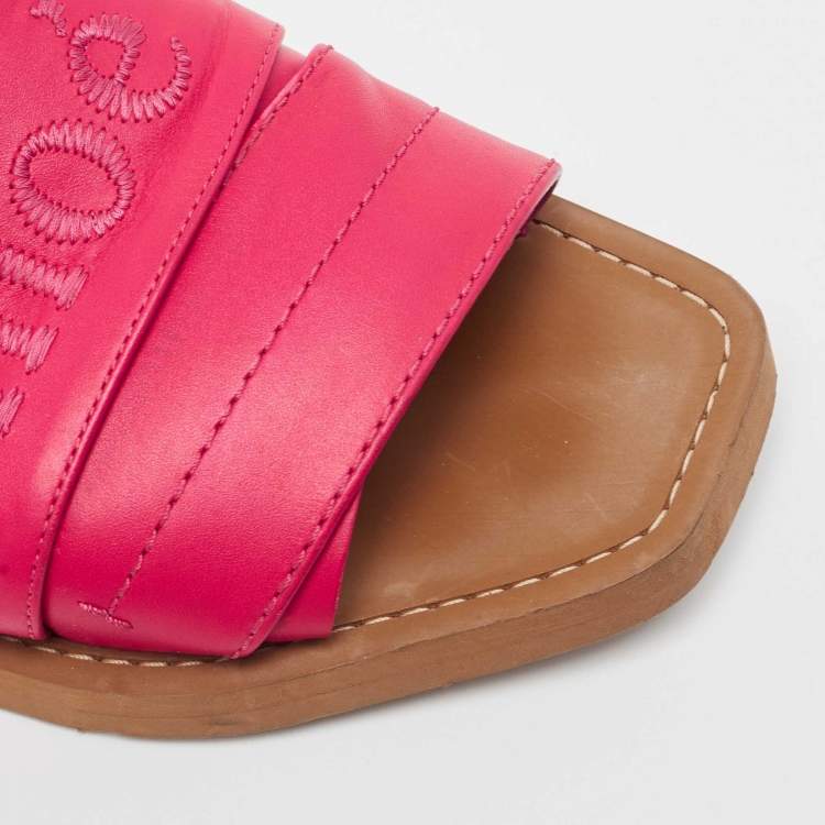Pre Owned Chloe Pink Leather Embroidered Logo Woody Flat Slides Size 39