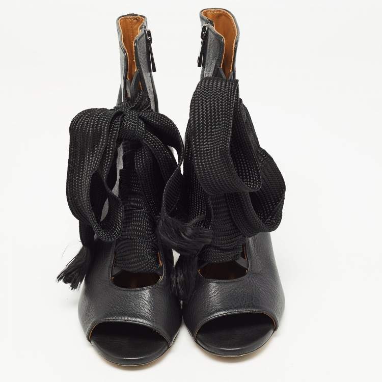 Pre Owned Chloe Black Leather Harper Peep Toe Ankle Wrap Booties Size 37.5