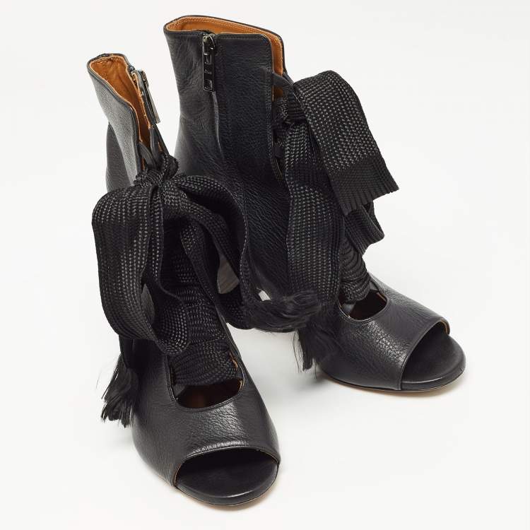 Pre Owned Chloe Black Leather Harper Peep Toe Ankle Wrap Booties Size 37.5