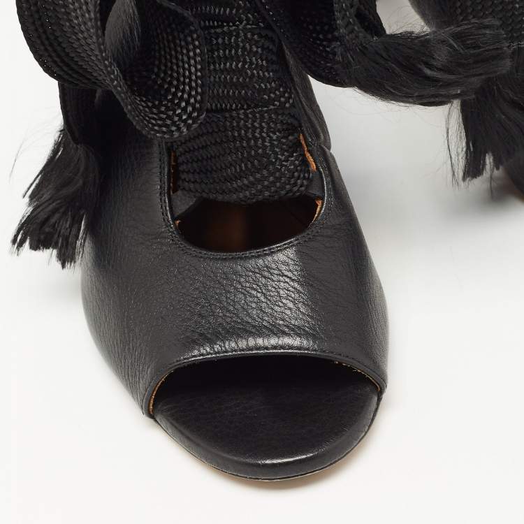 Pre Owned Chloe Black Leather Harper Peep Toe Ankle Wrap Booties Size 37.5