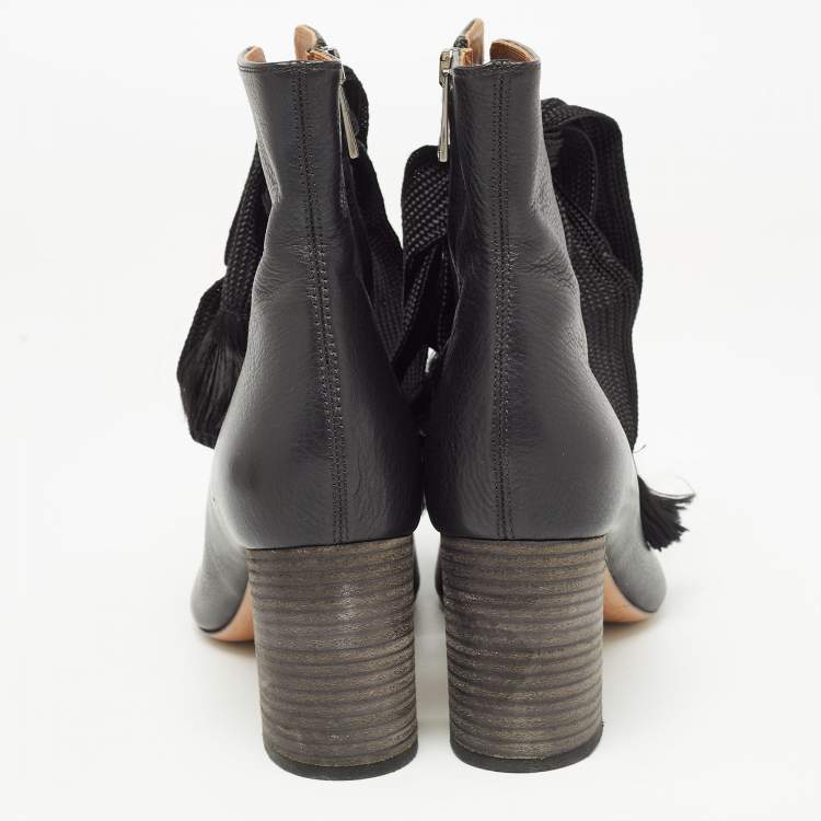 Pre Owned Chloe Black Leather Harper Peep Toe Ankle Wrap Booties Size 37.5