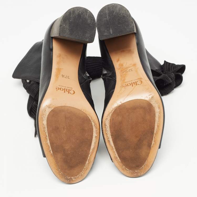 Pre Owned Chloe Black Leather Harper Peep Toe Ankle Wrap Booties Size 37.5