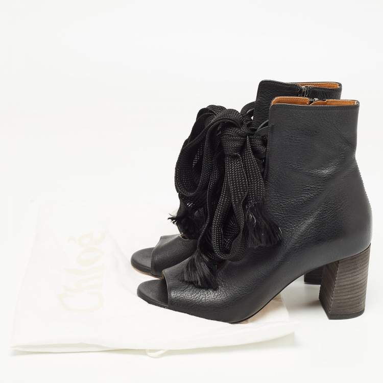 Pre Owned Chloe Black Leather Harper Peep Toe Ankle Wrap Booties Size 37.5