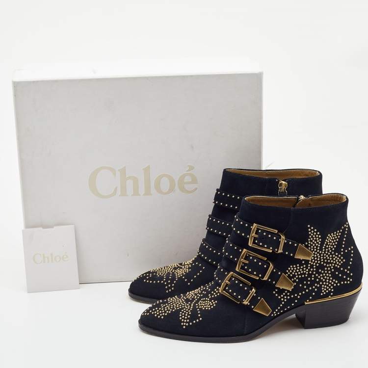 Pre Owned Chloe Black Suede Western Ankle Boots Size 37.5
