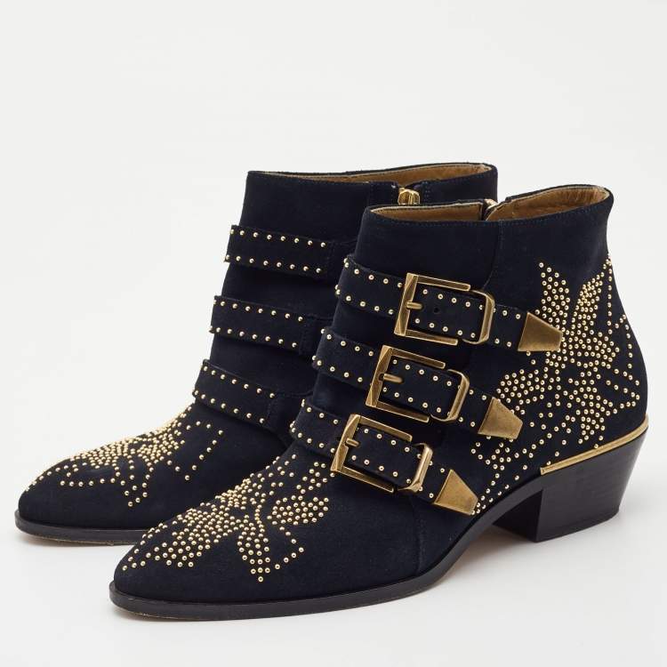 Pre Owned Chloe Black Suede Western Ankle Boots Size 37.5