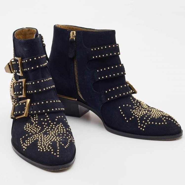 Pre Owned Chloe Black Suede Western Ankle Boots Size 37.5