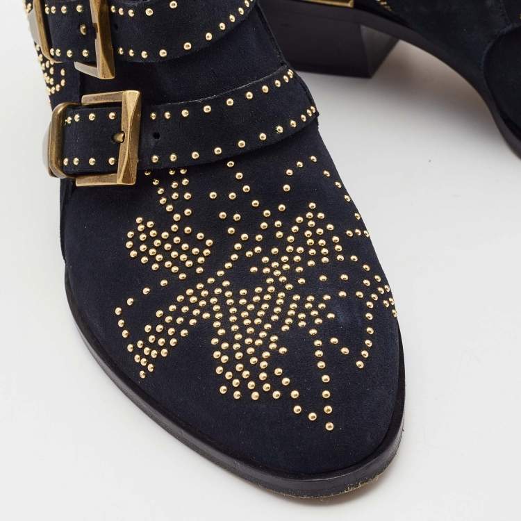 Pre Owned Chloe Black Suede Western Ankle Boots Size 37.5