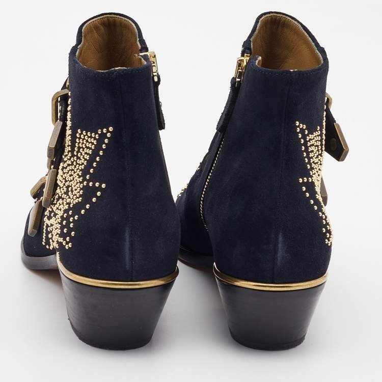 Pre Owned Chloe Black Suede Western Ankle Boots Size 37.5