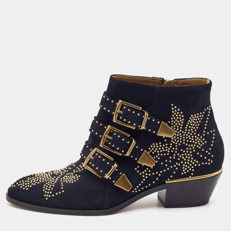 Pre Owned Chloe Black Suede Western Ankle Boots Size 37.5
