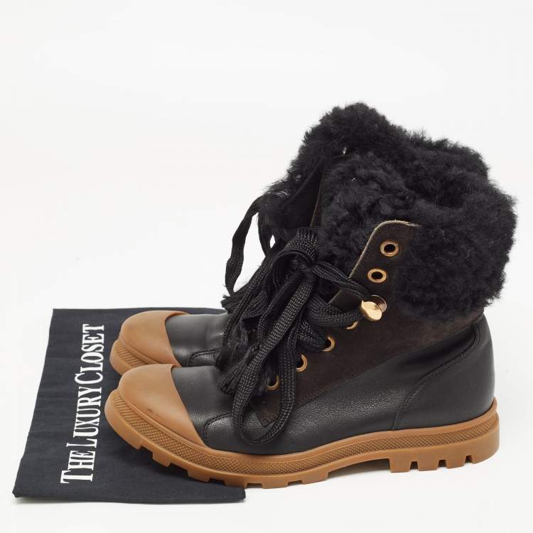 Pre Owned Chloe Black Leather and Fur Lace Up Ankle Boots Size 39