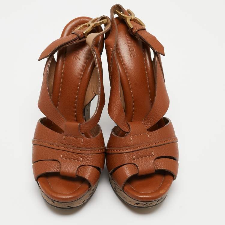 Pre Owned Chloe Brown Leather Cork Wedge Slingback Sandals Size 38