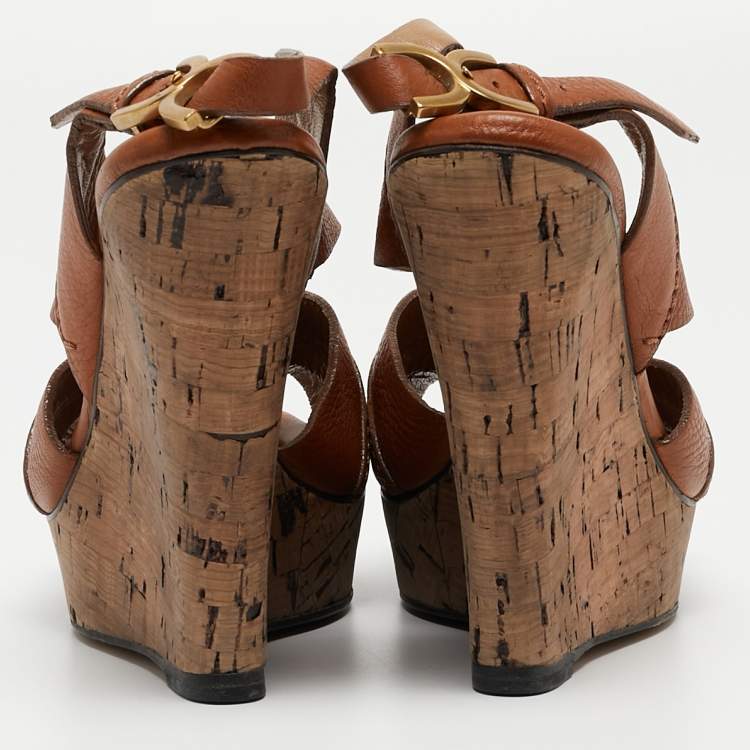 Pre Owned Chloe Brown Leather Cork Wedge Slingback Sandals Size 38