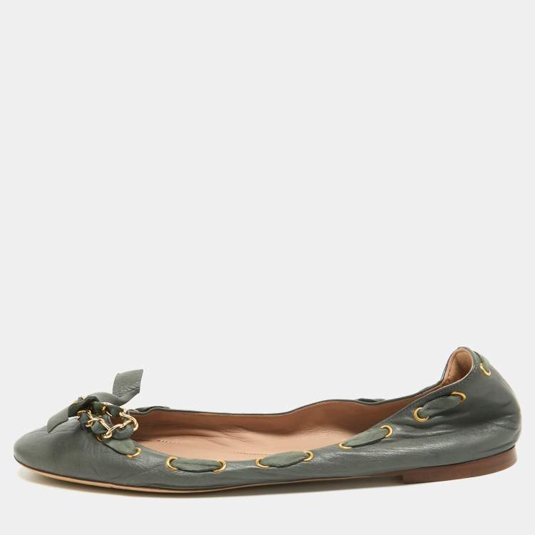 Pre Owned Chloe Grey Leather Knotted Chain Bow Ballet Flats Size 38