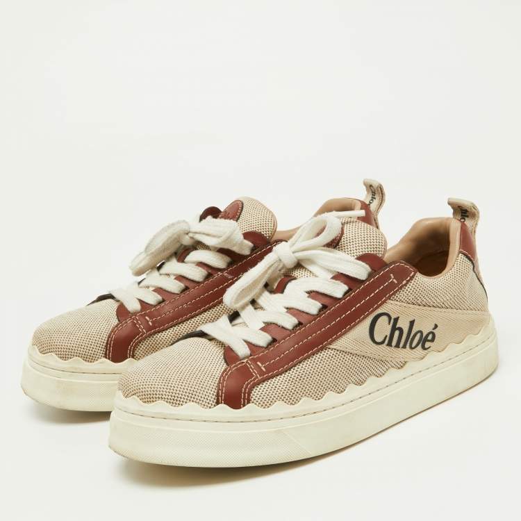 Pre Owned Chloe Brown/Beige Canvas and Leather Lauren Sneakers Size 39