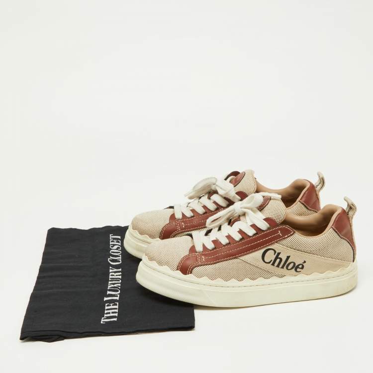 Pre Owned Chloe Brown/Beige Canvas and Leather Lauren Sneakers Size 39