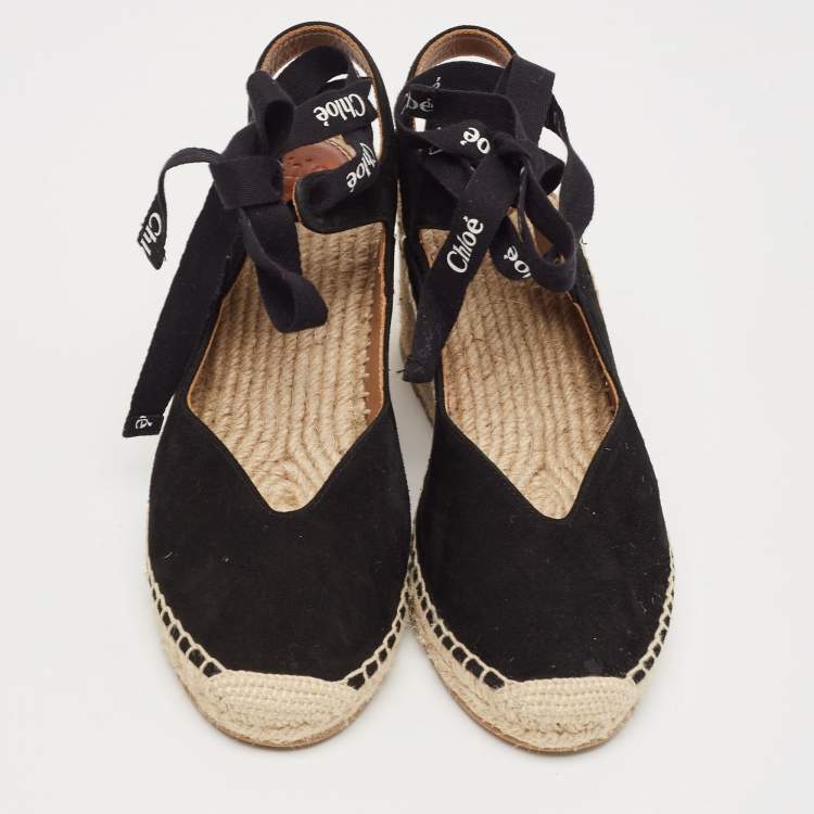 Pre Owned Chloe Black Suede Espadrille Wedge Slingback Ankle Tie Pumps Size 39
