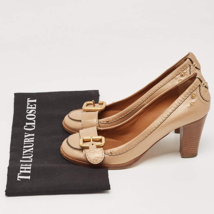 Pre Owned Chloe Metallic Gold Leather Buckle Pumps Size 36