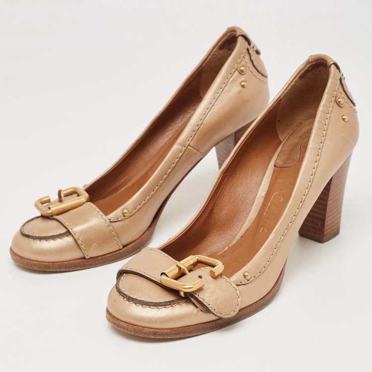 Pre Owned Chloe Metallic Gold Leather Buckle Pumps Size 36