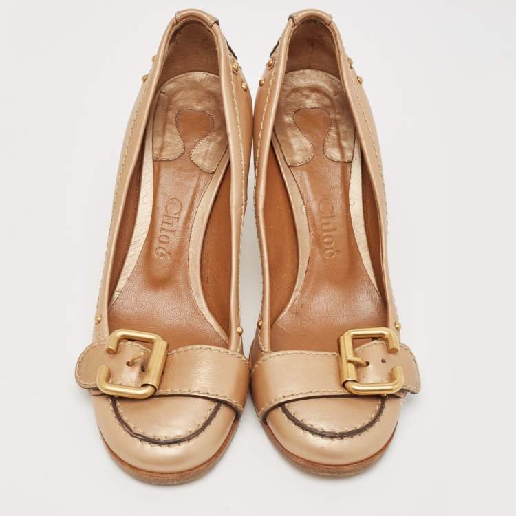 Pre Owned Chloe Metallic Gold Leather Buckle Pumps Size 36