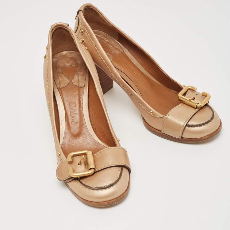Pre Owned Chloe Metallic Gold Leather Buckle Pumps Size 36