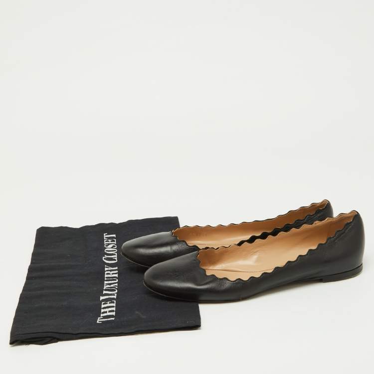 Pre Owned Chloe Black Scalloped Leather Lauren Ballet Flats Size 38.5