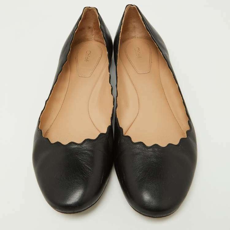 Pre Owned Chloe Black Scalloped Leather Lauren Ballet Flats Size 38.5